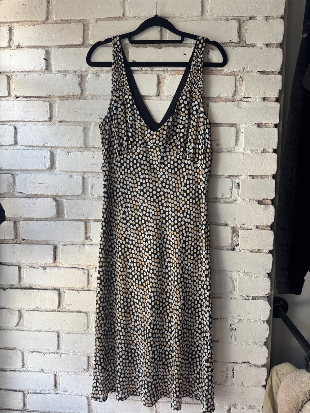 Sleeveless V-Neck Polka Dot Midi Dress in Black and  Cream vintage vibe drapey